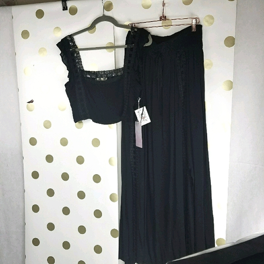 Black lace crop top and long skirt set